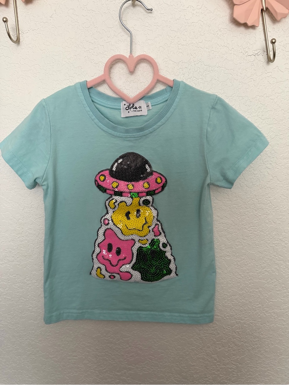 Lola + The Boys Aqua Sequin Smiley UFO Tee